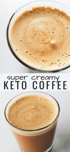 two shots of keto coffee with the words super creamy on top and bottom