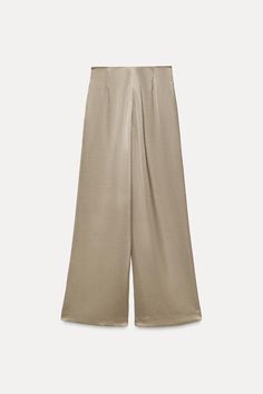 WIDE LEG SATIN PANTS - Stone | ZARA United States Solid Straight Leg Pants With Elastic Waistband, Versatile Straight Dress Pants With Elastic Waistband, High Waist Pull-on Style Pants For Workwear, Versatile High-waisted Pull-on Pants, Solid Color High-waisted Pull-on Pants, Solid Wide-leg Pull-on Pants, High-waisted Pull-on Style Pants, Versatile Straight Leg Pants With Elastic Waistband, Elegant Wide Leg Pants With Pull-on Style For Fall