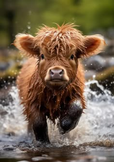 a brown cow is running through the water