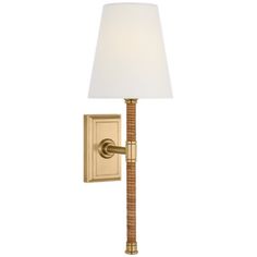 a wall lamp with a white shade on the top and bottom part of it's arm