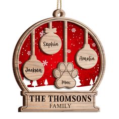 personalized ornament for the family with dog's name and christmas ornaments