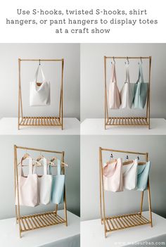 four photos of different bags hanging on clothes racks with text that reads use 3 hooks, twisted - hooks, shirt hangers, or plant hangers to display notes at a craft show