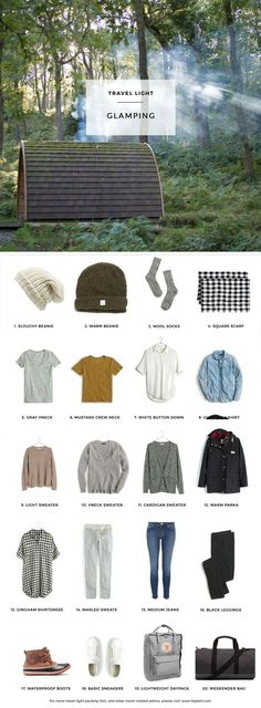 an image of a bench in the woods with many different items on it, including sweaters and pants