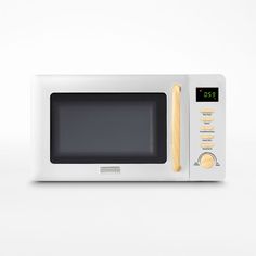 a white microwave oven with a wooden handle on the front and side panel, sitting against a white background