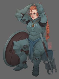 a drawing of a woman with red hair and armor