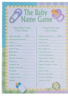 the baby name game is shown with scissors and other items on it's back