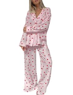 PRICES MAY VARY. 【Valentine's Day Pajamas Material】These 2pcs pajama sets are made of 100% cotton,Soft and skin-friendly material meets all your expectations for physical comfort. 【Pajamas for Teen Girls Features】Long sleeve pajamas for women, button down shirt matching long pajama pant with heart pattern, basic womens loungewear set, also can be valentines pajamas. 【Womens Loungewear Set Occasion】Women’s 2 piece outfit valentines day pajamas, suitable for home, casual, valentine's day, daily, p Amazon Pajama Sets, Women’s Pajamas, Valentines Day Pajamas, Valentines Pajamas, Matching Pj Set, Women Button Down Shirt, Long Pajama Pants, Womens Loungewear Sets