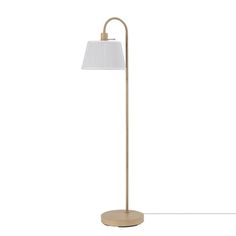 a floor lamp with a white shade on the base and a light bulb in the middle