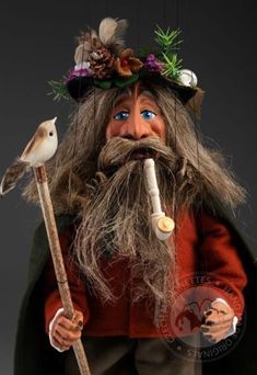 an old man with long hair and beard holding a bird on top of his shoulder