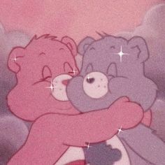 two teddy bears hugging each other in the air with stars on them and pink clouds behind them