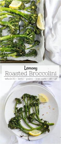 lemony roasted broccoli is served on a white plate