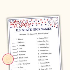 a us state name game with red, white and blue stars on the top one