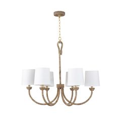 a chandelier with four lamps hanging from it's center and two shades on the