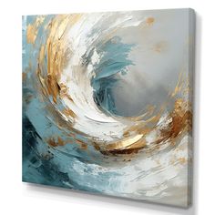 an abstract painting with gold and blue colors on the canvas, it looks like something out of