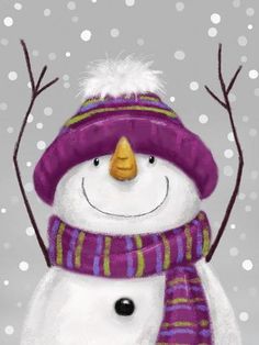 a snowman wearing a purple hat and scarf