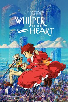 the anime poster for whisper of the heart, featuring two people flying over a city