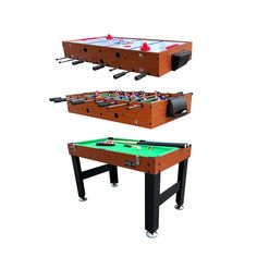 three different views of a pool table with foosball and air hockeys on it