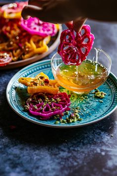 Jalebi Waffle Rosettes | The Kate Tin Indian Mithai Recipes, Jalebi Aesthetic, Indian Food Party, Indian Wedding Food, Indian Catering, Edible Rose Petals, Crispy Waffle, Diwali Sweets, Purple Food