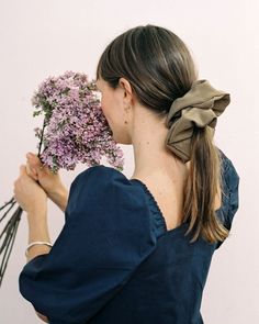 A fun, oversize scrunchie. Bronze Age is designed and ethically produced in Vancouver, Canada. – 100% silk or silk satin, depending on color – Approximately 7 inches in diameter – Images via Bronze Age Floral Scrunchie, 80s Hair, Bar Studs, Floral Accessories, Sewing Studio, Bronze Age, Vancouver Canada, Beauty Items, Big Hair