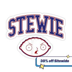 a sticker with the word stewe on it and an image of a face