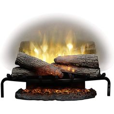 an electric fireplace with logs and flames in the center, on a white background that appears to be lit