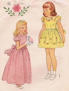 "1950s Simplicity Pattern #2555 in size 3. Little dress with fitted bodice, Peter Pan collar, puff sleeves and square neckline. Can be maxi or short with back buttons, back belted bow and a perfect flower girl dress. The instruction sheet is missing from this pattern. Size 3 Bust: 22\" Waist: 20.5\" Hips: 23\" Back Length: 19\" Maxi Dress Back: 32\" Pattern is in excellent cut condition with no issues. Transfer is still present to  iron on embroidery pattern flowers. Sale supports Vermont's Pupp Embroidery Pattern Flowers, Vintage Girls Dress Pattern, Elizabeth Afton, Vintage Girls Dresses, Girl Dress Pattern, Iron On Embroidery, Girls Easter Dresses, Kawaii Stuff, Embroidery Flowers Pattern