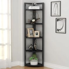 a corner shelf with pictures on it in a living room