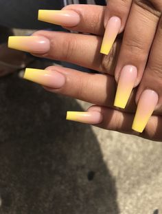 KHAYANDERSON Ballerina Nails Yellow, Ombre Yellow Acrylic Nails, Canary Yellow Nails, Yellow Coffin Nails, Cute Nail Colors, Sculpted Nails, Acrylic Nail Set, Ombre Acrylic Nails, Cute Nail Art Designs