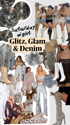 a collage of photos with the words saturday night gitz, glam and denim