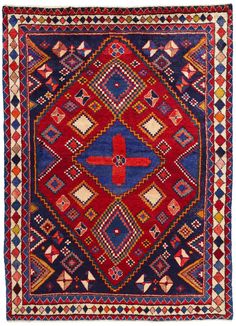 78855 Vintage Persian Lori Rug, 06'10 x 09'04. Behold the vintage Persian Lori rug, an exquisite hand-knotted woolen masterpiece that showcases the artistry and cultural heritage of its creators. The central motif is a commanding royal blue diamond medallion dotted with a red cross and rosette, radiating from the heart of the rug, symbolizing strength and stability. This powerful medallion is set against a vibrant red backdrop, creating a striking contrast that draws the eye and captivates the i Iranian Design, Modern Persian Rug, Iranian Rugs, Iranian Carpet, Red Backdrop, Persian Carpets, Persian Culture, Painted Rug, Medallion Rug