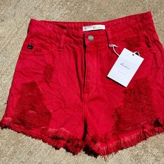 Nwt Distressed Red Size Small: Waist Laying Flat 14” 2 1/2” Inseam 10” Rise 100% Cotton Trendy Red Distressed Bottoms, Casual Distressed Red Bottoms, Red Cotton Bottoms With Frayed Hem, Casual Red Distressed Bottoms, Casual High Rise Red Jeans, Casual Red High-rise Jeans, Casual Red High Rise Jeans, Trendy Red High Waist Jean Shorts, Casual Red Cutoff Jean Shorts