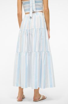 Flouncy tiered ruffles bring charm to this softly striped maxi skirt. 37" length (size 8) 98% cotton, 2% spandex Dry clean Imported Cotton Maxi Skirt, Striped Maxi Skirt, Cotton Maxi Skirts, Striped Maxi Skirts, Tiered Maxi Skirt, Striped Maxi, Cotton Maxi, Contemporary Outfits, Stripe Skirt