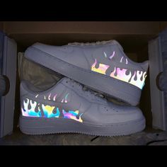 Custom 3m Reflective Nike Air Force 1s Please Buy Correct Size! No Returns/Refunds/Exchanges!!!! Custom Made! White Nike Air Force 1s Low Reflective Flames Custom With Reflective 3m Accents. Nike Air Force 1 Custom, Nike Air Force 1s, Jordan Shoes Girls, Custom Nike Shoes, All Nike Shoes, Air Force 1 Custom, Nike Air Shoes, Cute Nike Shoes, Cute Sneakers