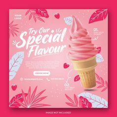 an ice cream cone with pink icing and leaves around it on a pink background