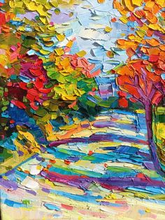 an oil painting on canvas of colorful trees