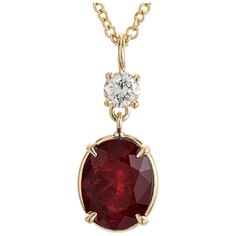 Natural ruby and diamond pendant necklace. GIA certified 2.72ct oval ruby, set in a 18k yellow gold basket setting with 1 round brilliant cut diamond top. Ruby has moderate heat. 18k yellow gold 18 inch chain. Designed and crafted in the Peter Suchy workshop 1 oval red ruby, V approx. 2.72cts GIA Certificate # 522010196 1 round brilliant cut diamond, H VS2 approx. .18cts 18k yellow gold Stamped: 18k 3.9 grams Top to bottom: 18.8mm or .75 Inches Width: 7.9mm or .31 Inches Depth or thickness: 5.7m Luxury Red Birthstone Necklace, Luxury Vintage Ruby Necklace, Ruby Set, Gold Basket, Tiaras Jewellery, Ruby Necklace Pendant, Diamond Top, Gia Certificate, Basket Setting