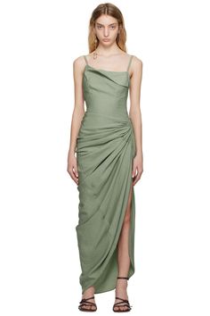 Jacquemus: Green Le Raphia 'La Robe Saudade' Maxi Dress | SSENSE Olive Green Dress Outfit, Jacquemus Dress, Green Dress Outfit, Draped Midi Dress, Lost Paradise, Sage Green Dress, Long Green Dress, Twill Dress, Dress Illustration