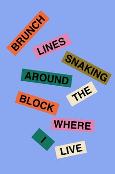 the words brunch, lines, snakes, and snaking are arranged in different colors