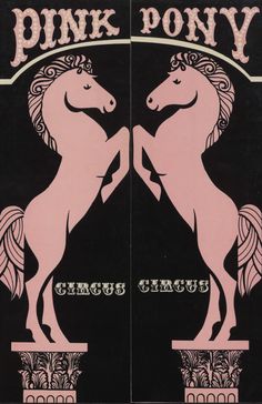 the pink pony circus club logo is shown in black and white, with two horses facing each other