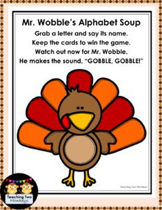 an image of a turkey with the words mr, wobble's alphabet soup