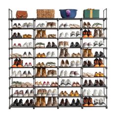 the shoe rack has many pairs of shoes on it