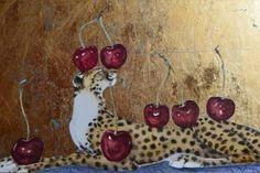 a painting of a cheetah with apples on it