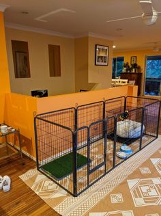 a living room with an animal cage in the center