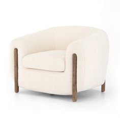 a white chair with wooden legs on a white background