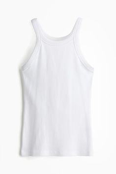 Fitted tank top in ribbed cotton jersey with a round neckline. Ribbed Fitted Crew Neck Tank Top, Fitted Ribbed Tank Top With Crew Neck, White Ribbed Crew Neck Tank Top, Seamless Fitted Cotton Tank Top, Ribbed Stretch Tank Top, Basic Summer Tops With Ribbing, Basic Ribbed Summer Tops, Basic Ribbed Tops For Summer, Stretch Ribbed Crew Neck Tank Top