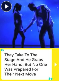 two people standing next to each other in front of a blue background with the words they take to the stage and he grabs her hand, but no one was prepared for their next move