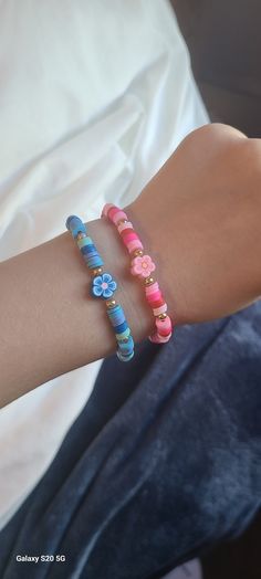 2pc Flower Charm Handmade Clay Beaded Bracelets  Colors blue and pink Clay Beaded Bracelets, Bracelets Colors, Flower Clay, Clay Bracelet, Trendy Flowers, Heishi Beads, Handmade Clay, Flower Charm, Blue Flower