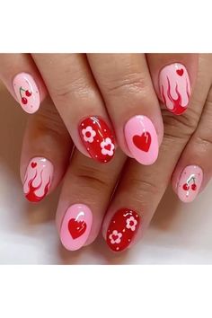 Flame French Tip, Nails Red Heart, Heart Flame, Nails Press Ons, Full Cover Nail Tips, Almond Press On Nails, Vday Nails, Band Nails, Cherry Design