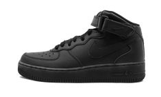 The Nike Air Force 1 Mid GS “Triple Black” is the youth sizing of Nike’s iconic Air Force 1 in versatile mid-top form. Complete with a all-black-everything colorway, this kids' Air Force 1 Mid features styling components such as a tonal leather Swoosh on the mid-panel, “Nike Air” embroidery on the heel, and an adjustable ankle strap for total lockdown support. Black leather forms the base of the shoe, appearing along the perforated toe, mid-panel, and heel. Black cotton laces, a silver “AF1” lac Af1 High Tops, All Black Nike Shoes, Triple Black Shoes, Nike Air Force 1 Mid, Nike Fashion Shoes, Jordans Girls, Black Nike Shoes, Air Force 1 Mid, Fresh Shoes