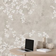 Wall Mural Soft Sakura Blossom - Neutral Floral Wallpaper Sakura Blossom Wallpaper, Neutral Floral Wallpaper, Wallpaper For Renters, Chinoiserie Mural, Blossom Wallpaper, Blog Wallpaper, Playroom Wallpaper, Geometric Pattern Wallpaper, Sakura Flowers